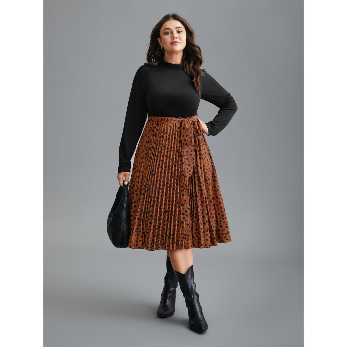 Plus Size Leopard Print Pleated Mock Neck Midi Dress Russet Women At the Office Belted Mock Neck Long Sleeve Curvy BloomChic 10/M Product Image