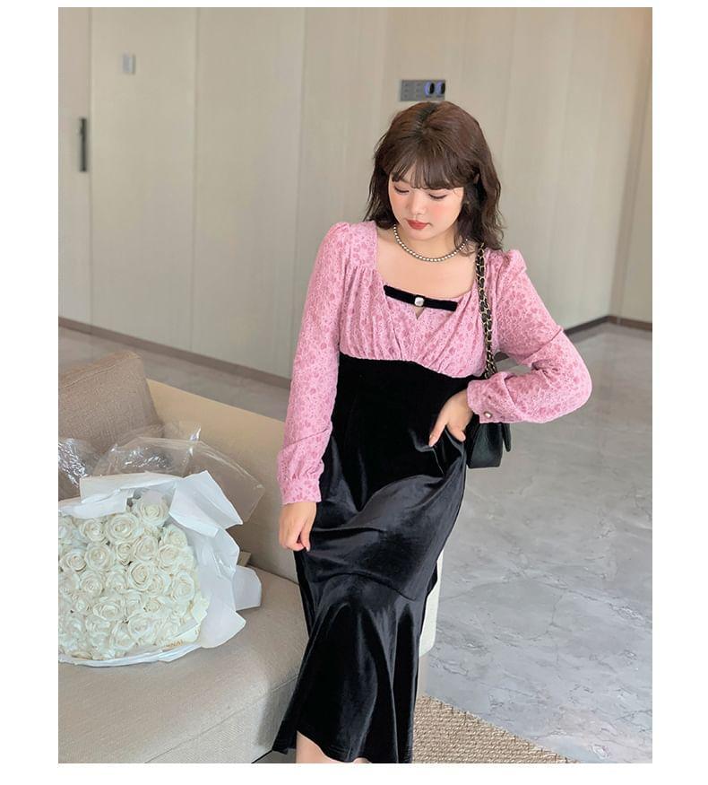 Plus Size Long Sleeve Square Neck Floral Two Tone Midi A-Line Dress Product Image