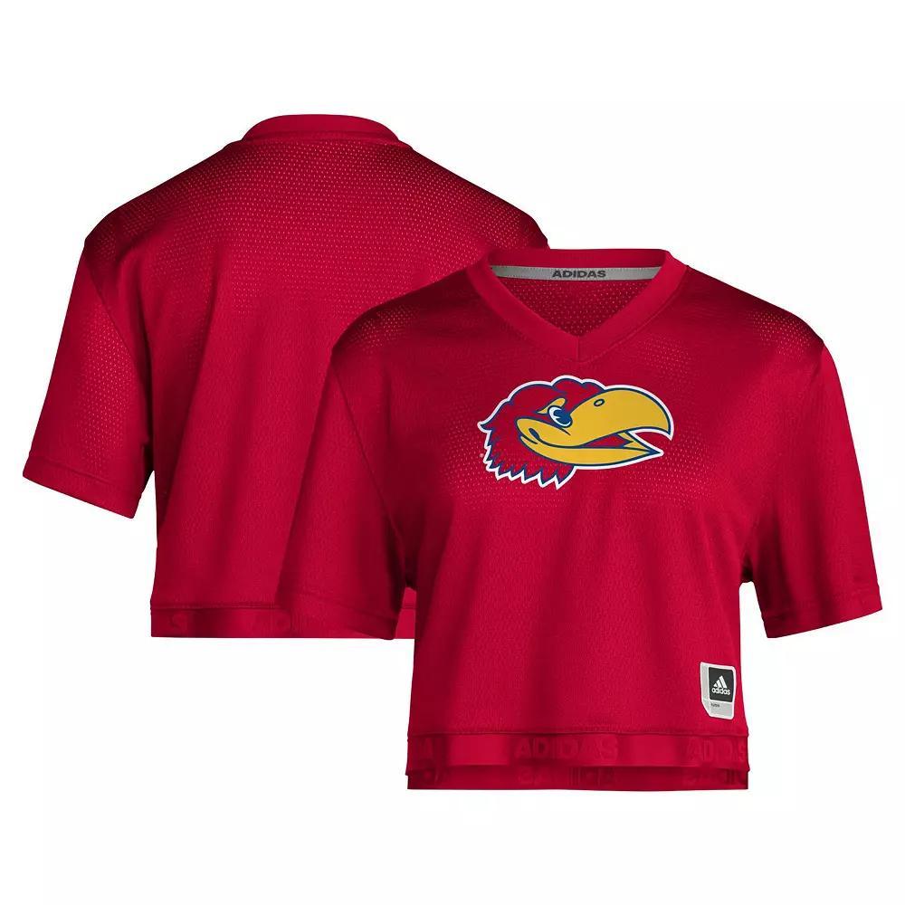 Women's adidas Red Kansas Jayhawks Primegreen V-Neck Cropped Jersey, Size: Large Product Image