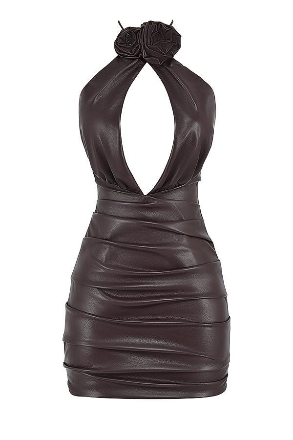 Olivia Bitter Chocolate Vegan Leather Mini Dress Product Image