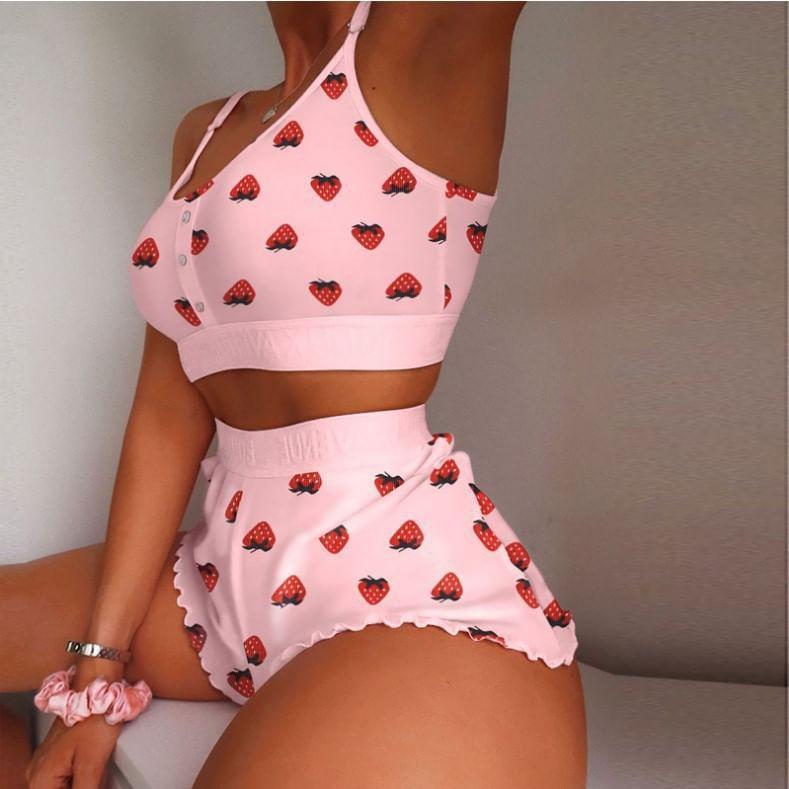 Pajama Set: Patterned Print Bra Top + High Waist Shorts Product Image