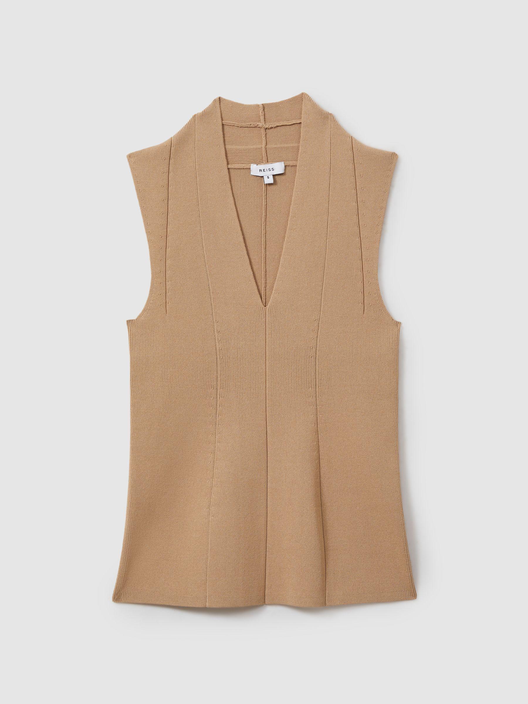 Knitted Sleeveless V-Neck Vest in Nude Product Image