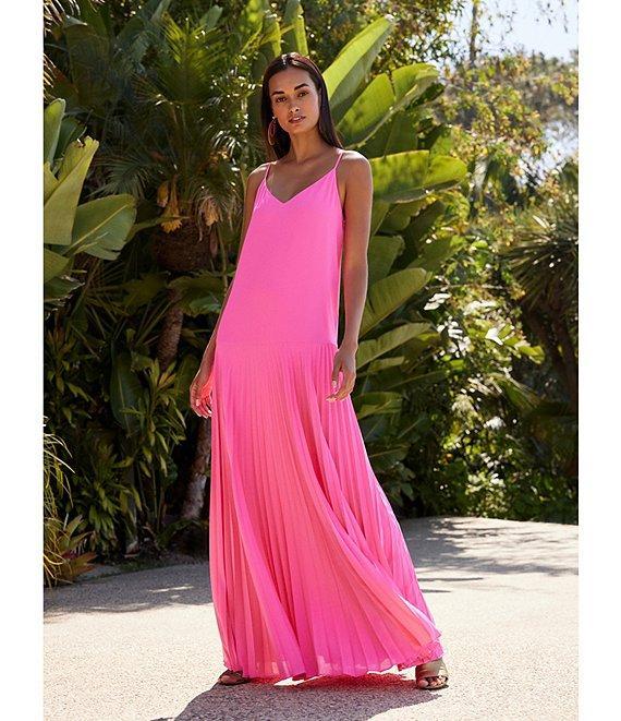 Trina Turk Georgette V-Neck Sleeveless Pleated Maxi Dress Product Image
