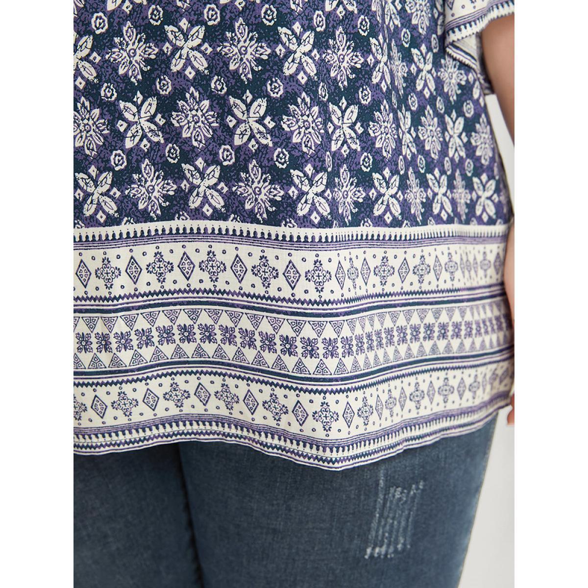 Plus Size Eggplant Floral Print Bell Sleeve Knotted Round Neck Blouse Women Vacation Elbow-length sleeve Round Neck Dailywear Blouses BloomChic 12/L Product Image