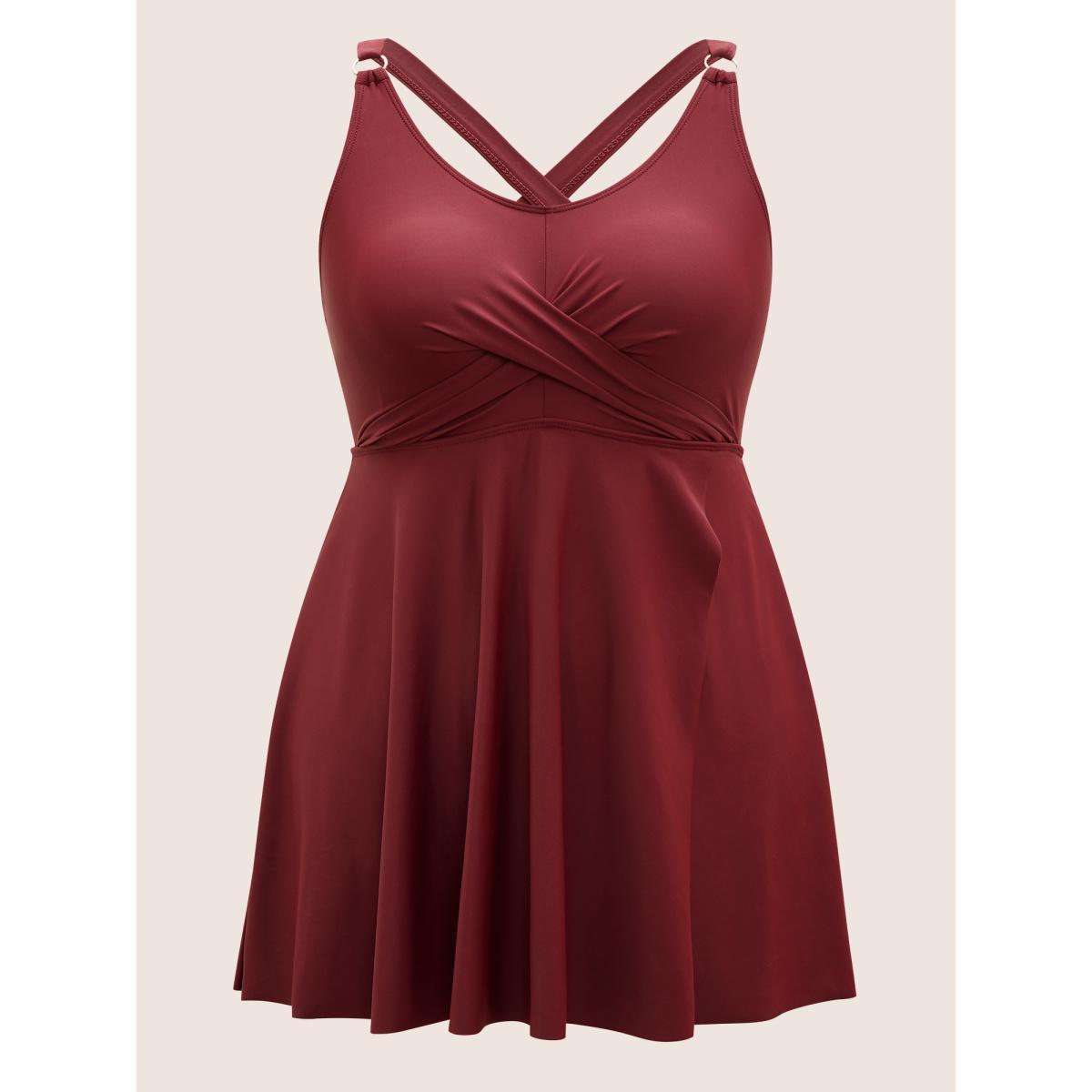 Plus Size Solid Crossover Adjustable Straps Split Hem Swim Dress Women's Swimwear Burgundy Beach Bodycon U-neck High stretch Curve Swim Dresses BloomChic 22-24/3X Product Image