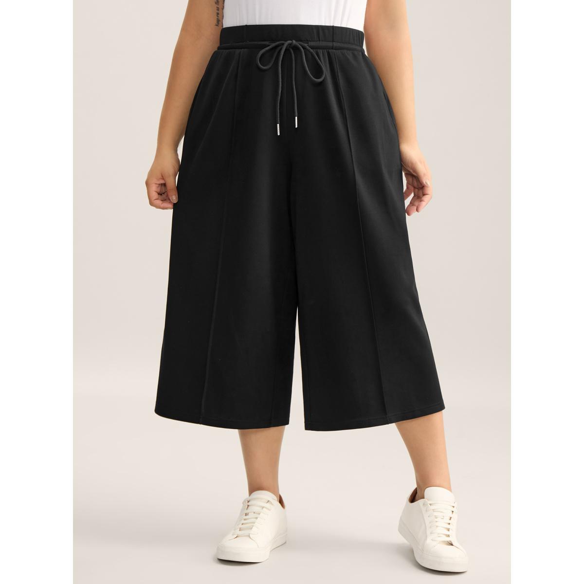 Plus Size Stretchy Drawstring Wide-Leg Pants Women Black Casual Wide Leg Mid Rise Everyday-Casual Pants BloomChic 22-24/3X Product Image