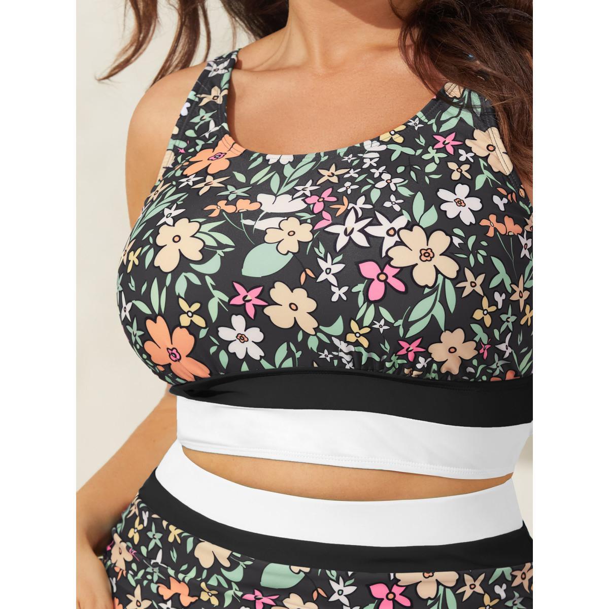 Plus Size Floral Print Color Contrast Swim Top Women's Swimwear Black Beach Contrast High stretch Skinny U-neck Curve Swim Tops BloomChic 28/5X Product Image