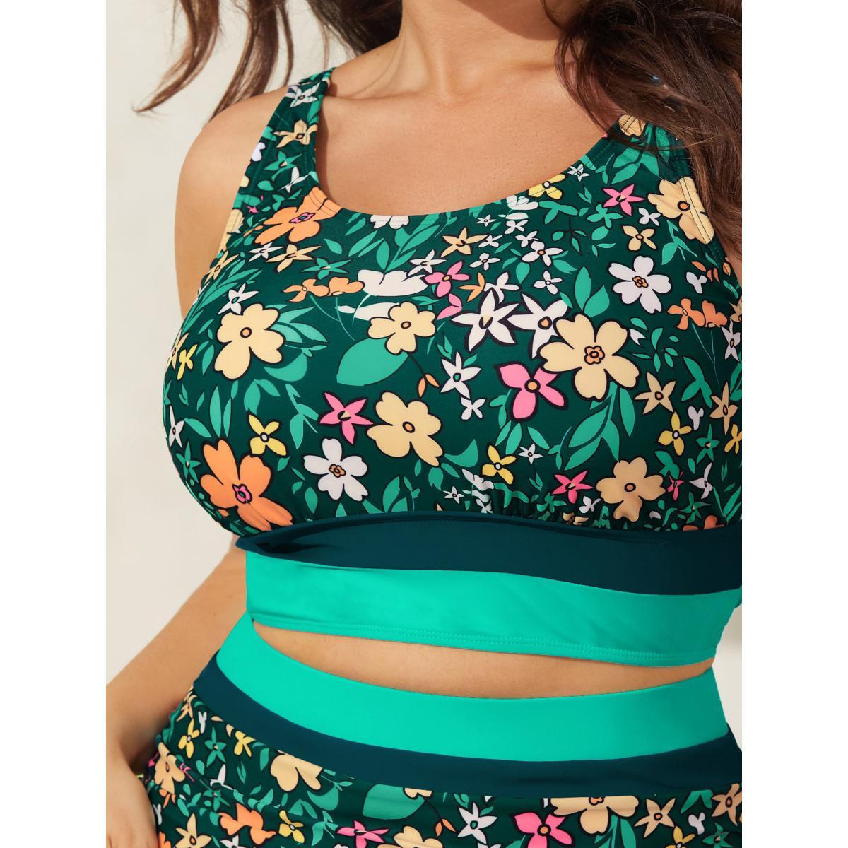 Plus Size Floral Print Color Contrast Swim Top Women's Swimwear DarkGreen Beach Contrast High stretch Skinny U-neck Curve Swim Tops BloomChic 30/6X Product Image