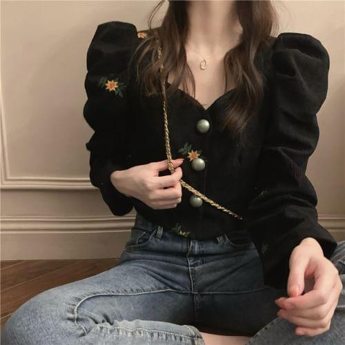 Long-Sleeve V-Neck Floral Embroidered Corduroy Button-Up Crop Blouse Product Image