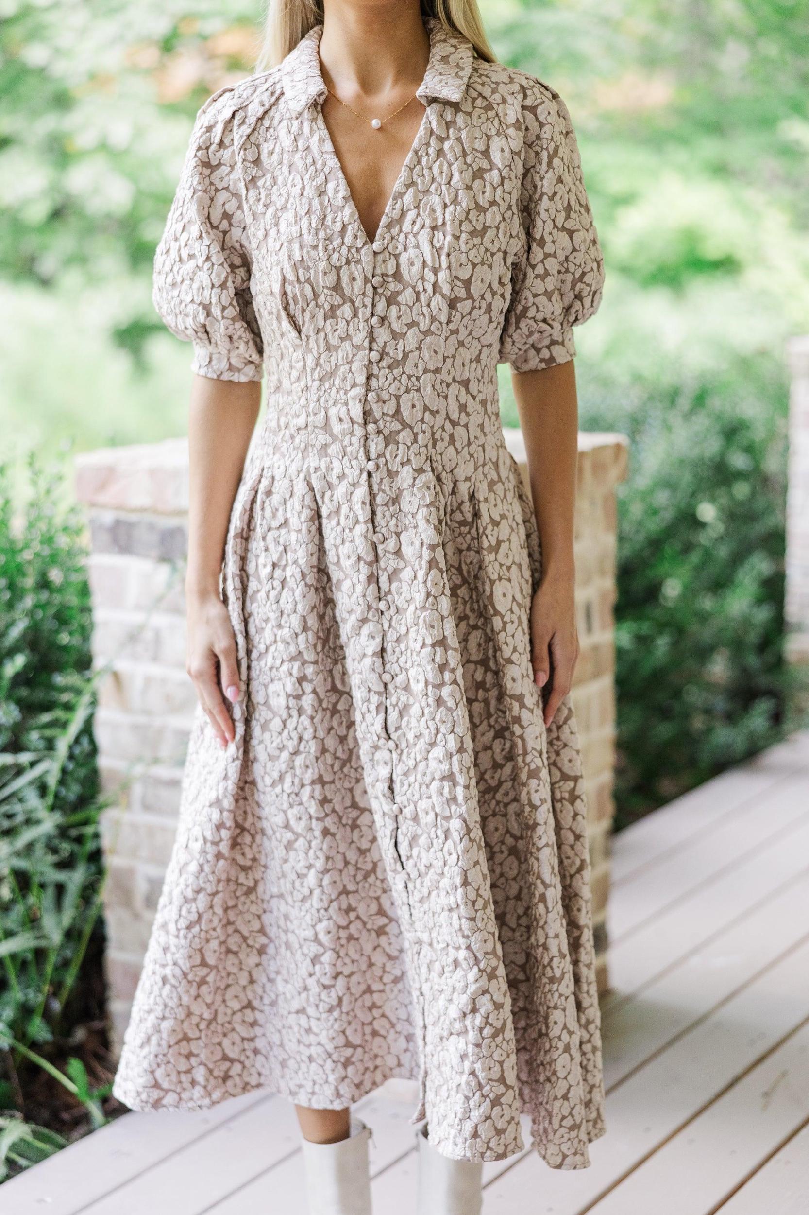 All Going To Plan Taupe Floral Brocade Midi Dress Female Product Image