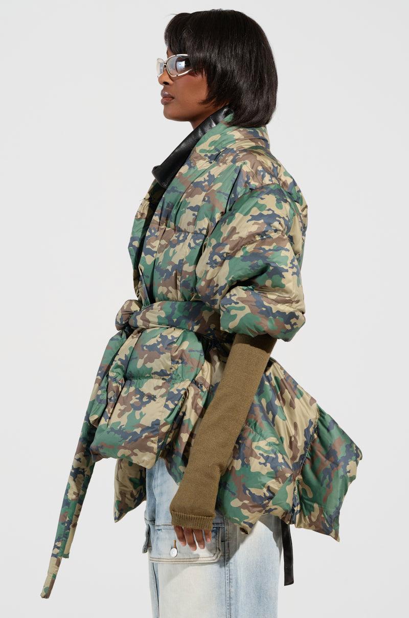 CAMO LONG RIB SLEEVE PEPLUM PUFFER COAT Product Image