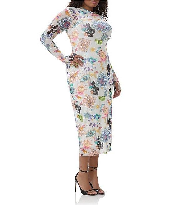 AFRM Plus Size Ashland Printed Mesh Crew Neck Long Sleeve Sheath Midi Dress Product Image