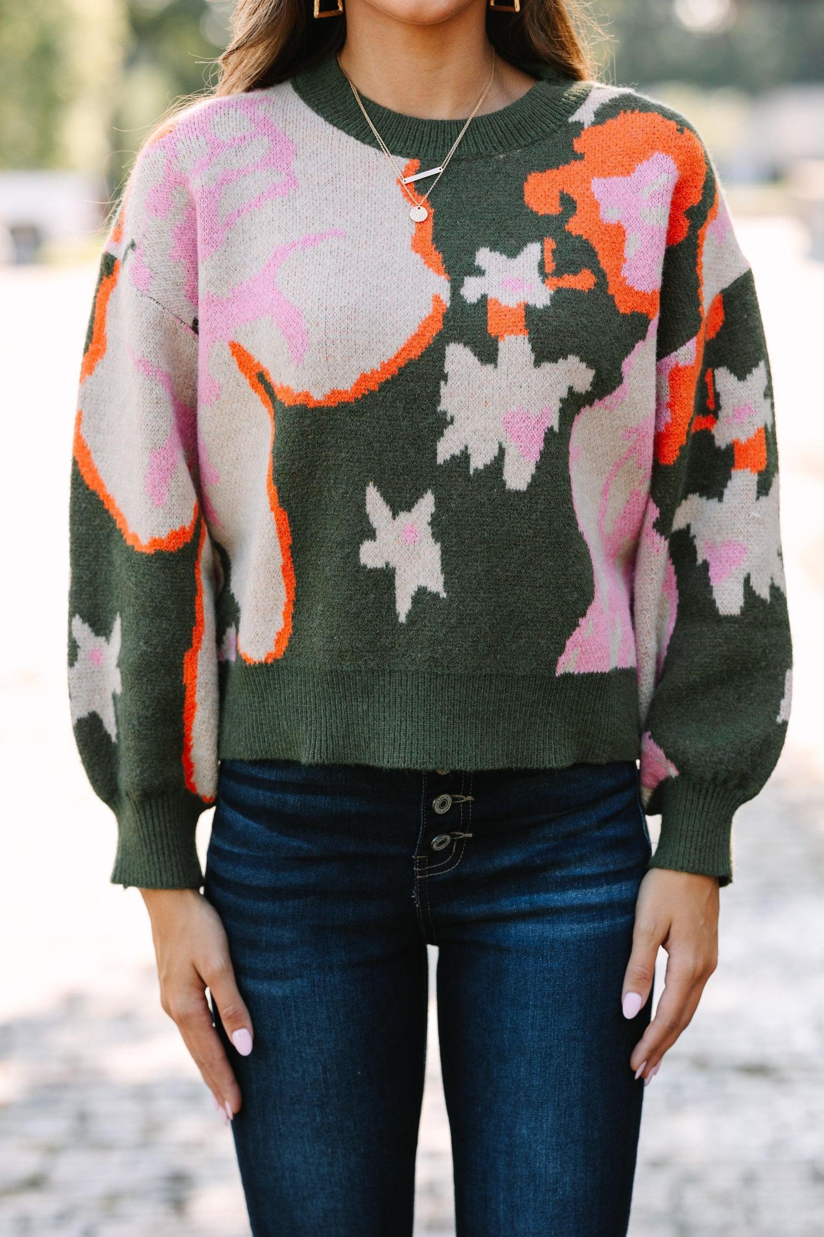 Chic Pursuits Olive Green Floral Sweater Female Product Image