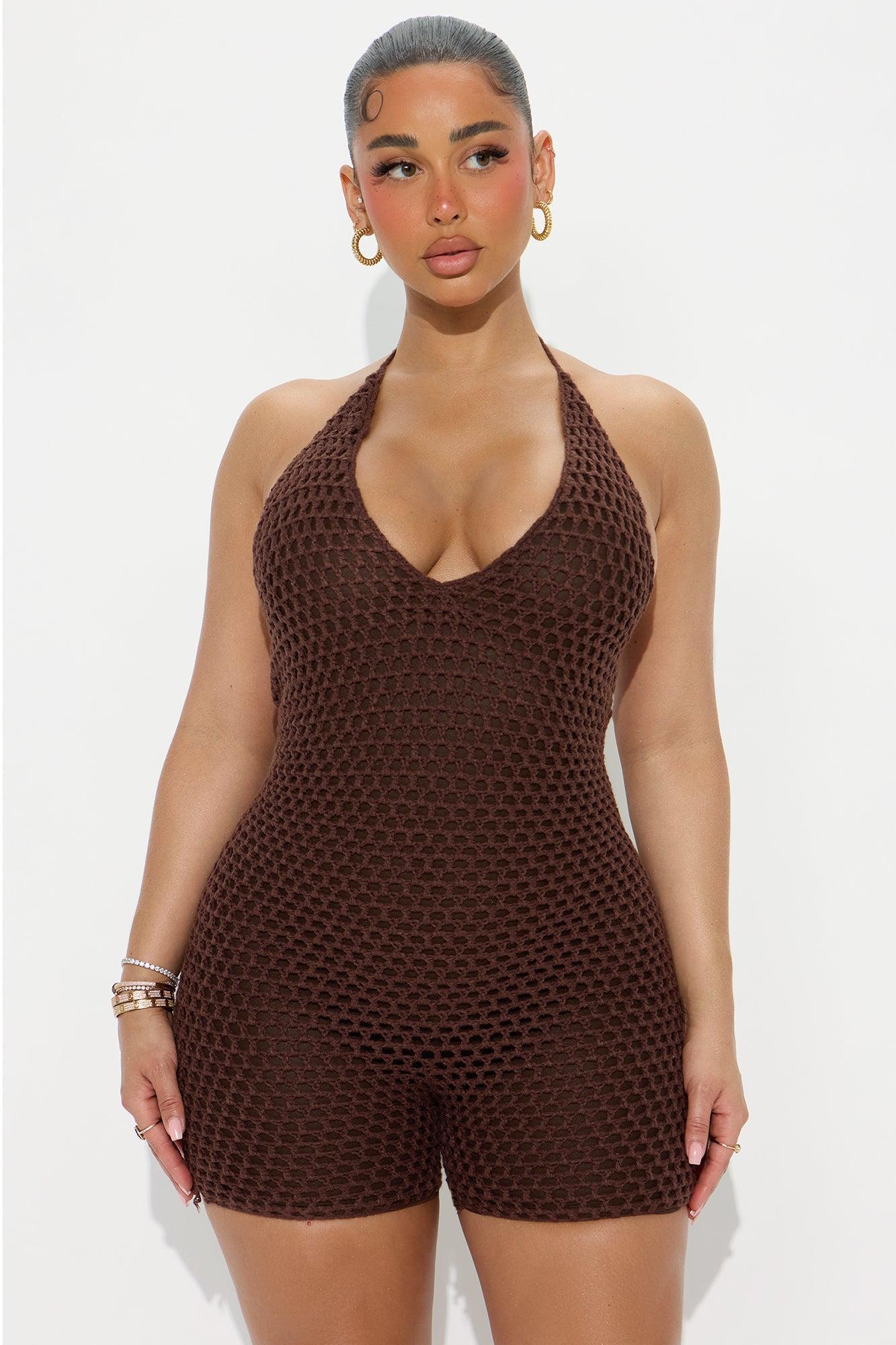 Santorini Sunset Crochet Romper - Chocolate Product Image