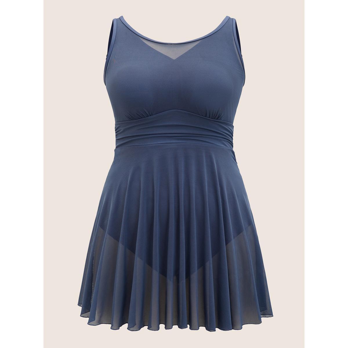 Plus Size See Through Patchwork Gathered Swim Dress Women's Swimwear Indigo Beach Bodycon Round Neck High stretch Curve Swim Dresses BloomChic 10/M Product Image