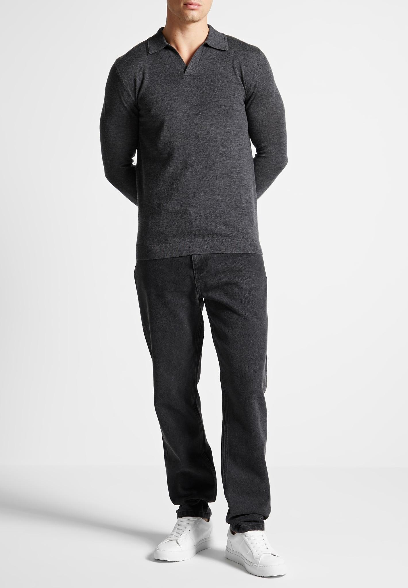 Merino Wool Long Sleeve Revere Polo Shirt - Grey Male Product Image