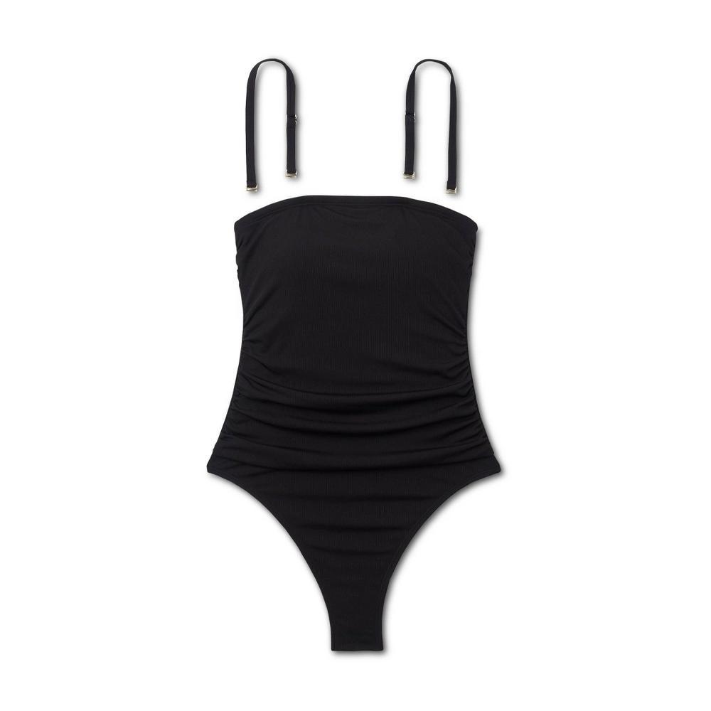 Women's Ribbed High Leg Bandeau One Piece Swimsuit - Shade & Shore™ Black L: Recycled Polyester, Spandex, Removable Strap Product Image