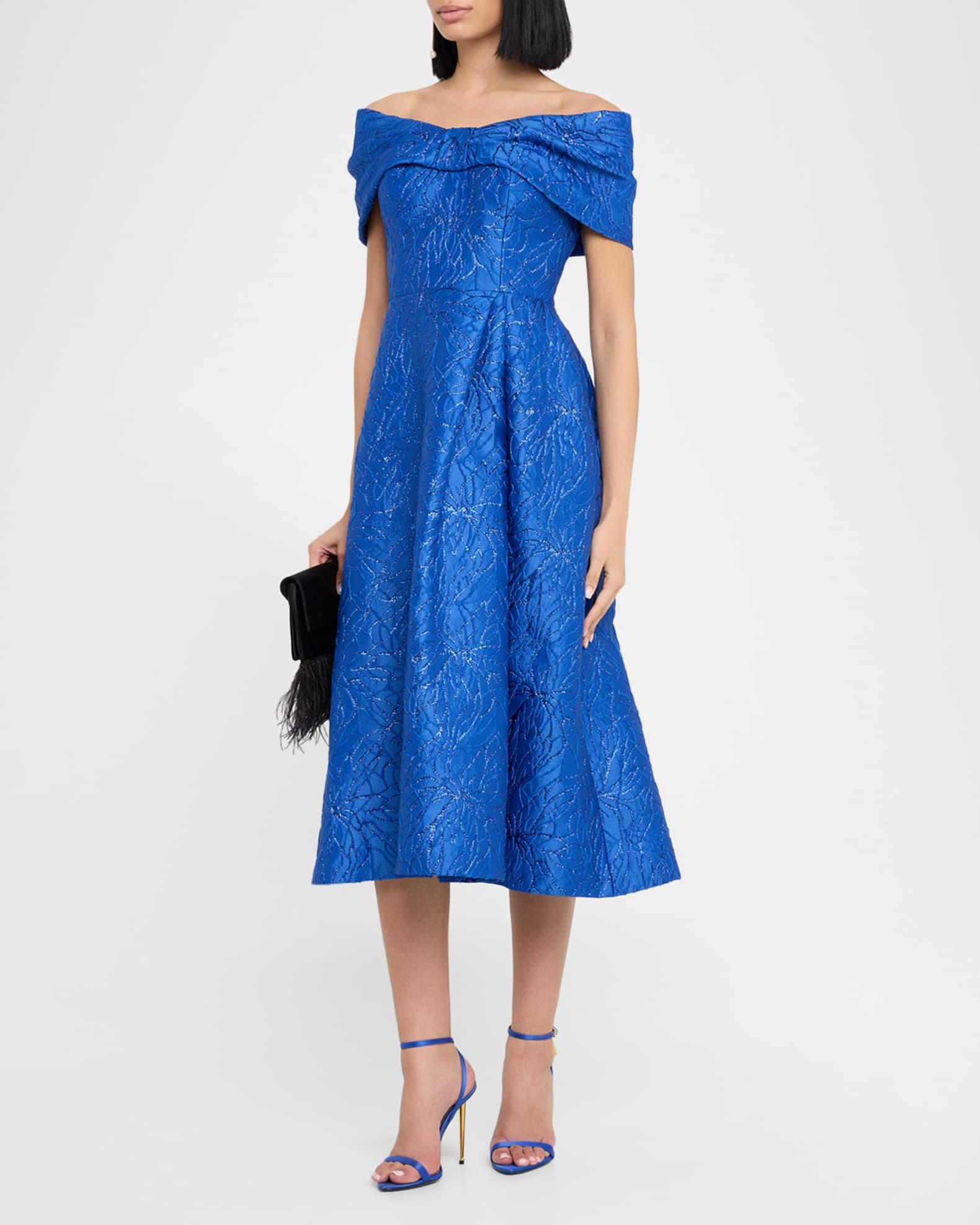 Off-Shoulder Floral Jacquard Midi Dress Product Image