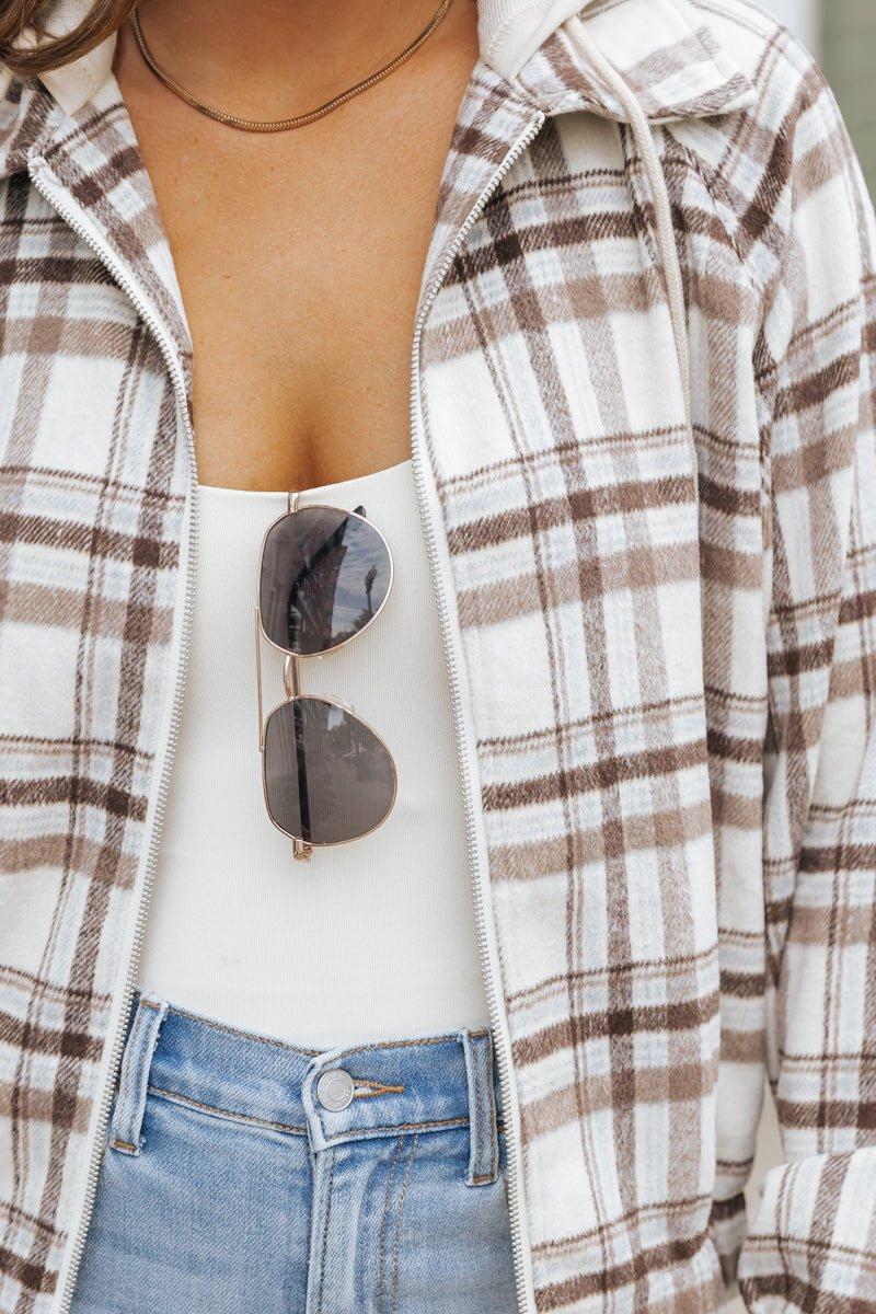 Brown Plaid Hooded Zip Up Jacket - FINAL SALE Product Image