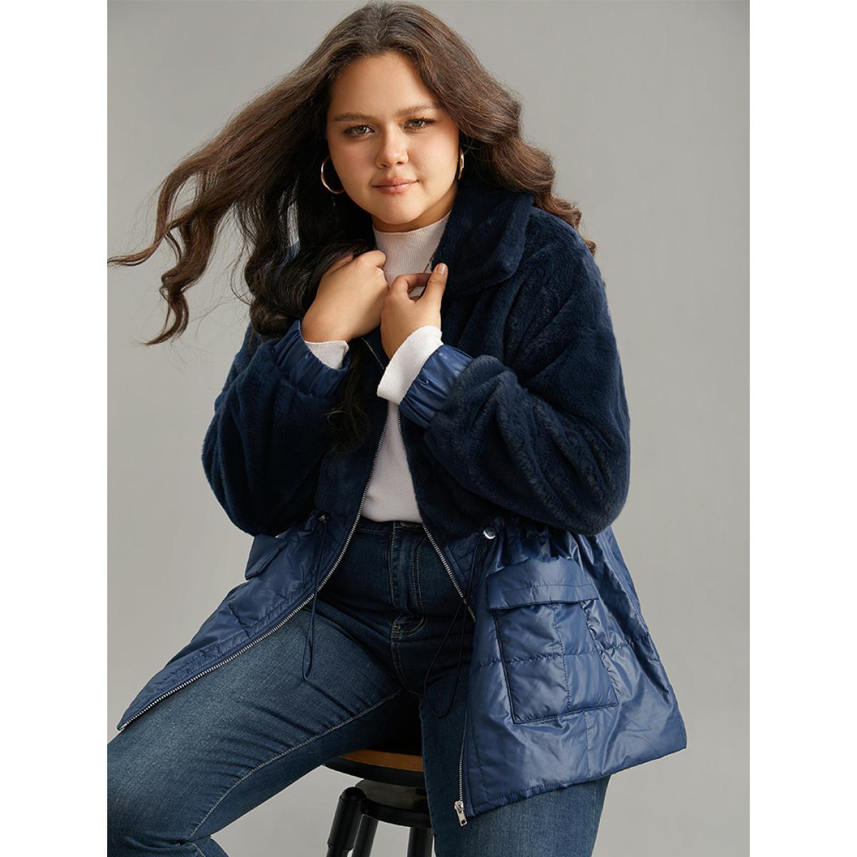 Plus Size Fuzzy Patchwork Zipper Drawstring Coat Women Indigo Casual Plain Ladies Dailywear Winter Coats BloomChic 30/6X Product Image
