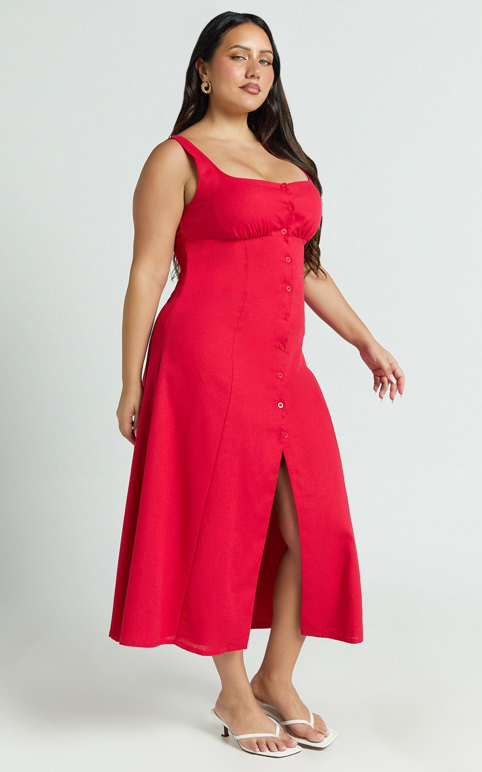 Cameron Midi Dress - Button Front Tie Back Dress in Red Product Image