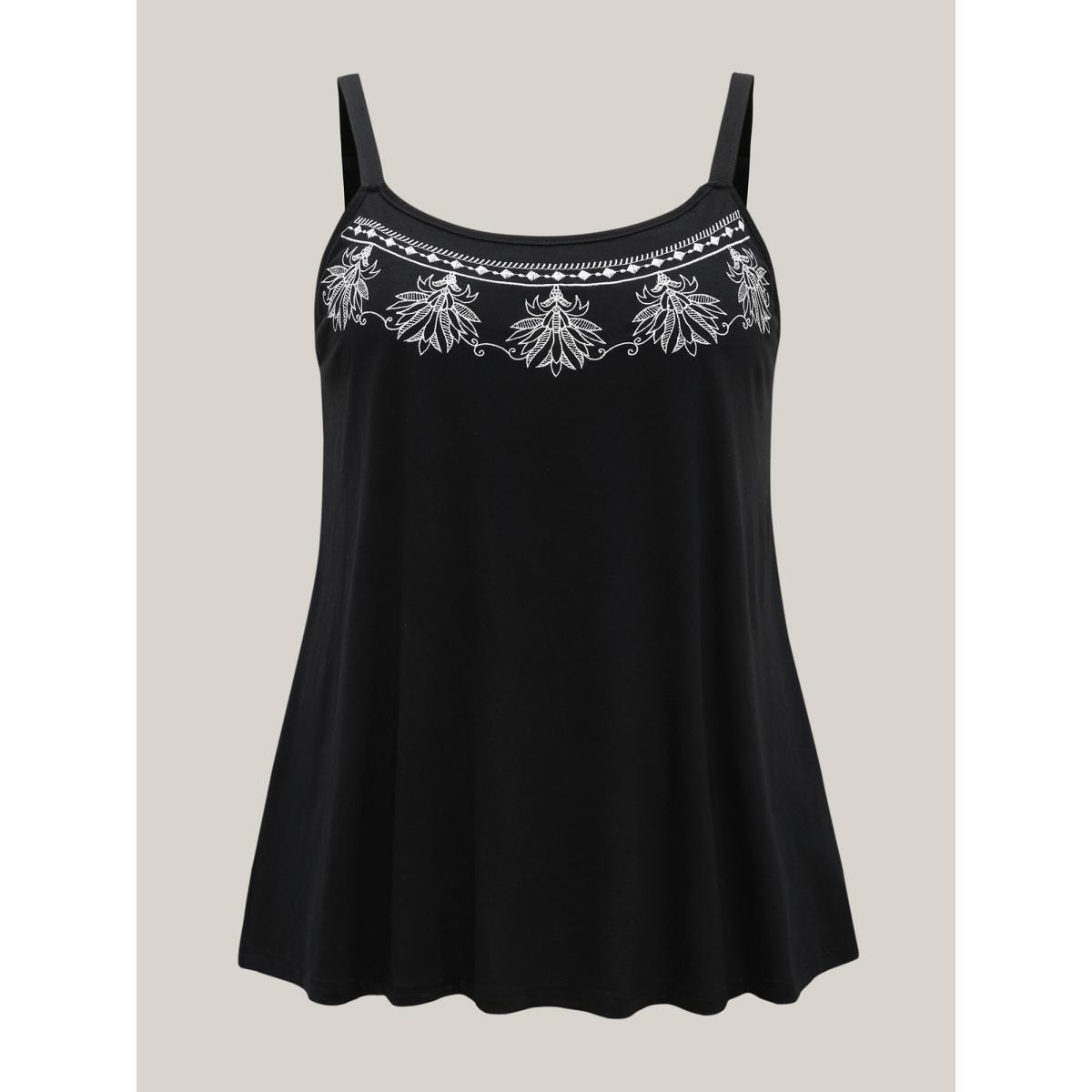 Plus Size Boho Embroidery Plain Tank Top Women Black Embroidered Non Vacation Tank Tops Camis BloomChic 14-16/1X Product Image