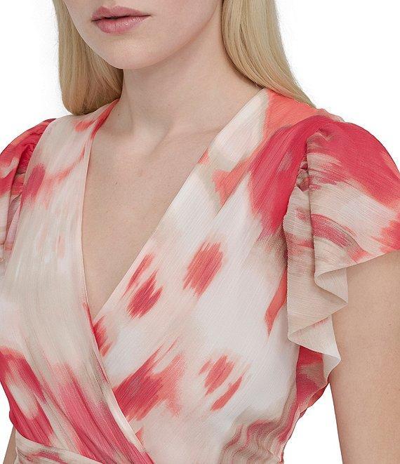 DKNY by Donna Karan Woven Abstract Print V Neck Short Flutter Sleeve Waist Tie A-Line Maxi Dress Product Image