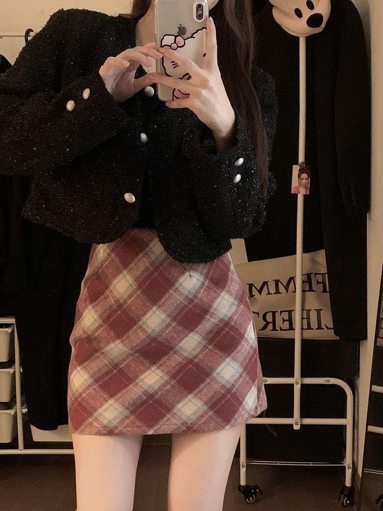 High Waist Plaid Mini A-Line Skirt Product Image