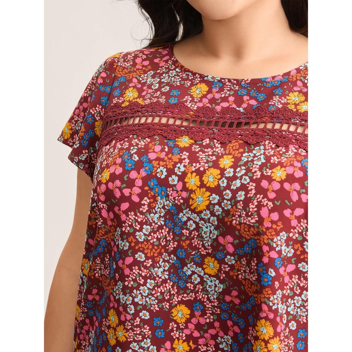 Plus Size Burgundy Multi-Color Floral Print Lace Spliced Blouse Women Elegant Cap Sleeve Round Neck Everyday Blouses BloomChic 12/L Product Image