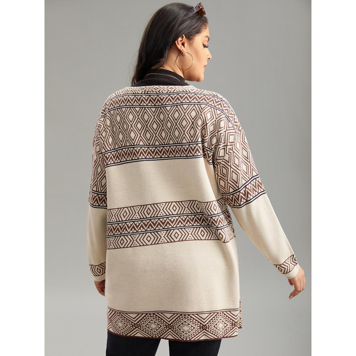 Plus Size Geometric Open Front Cardigan Champagne Women Casual Loose Long Sleeve Dailywear Cardigans BloomChic 12/L Product Image