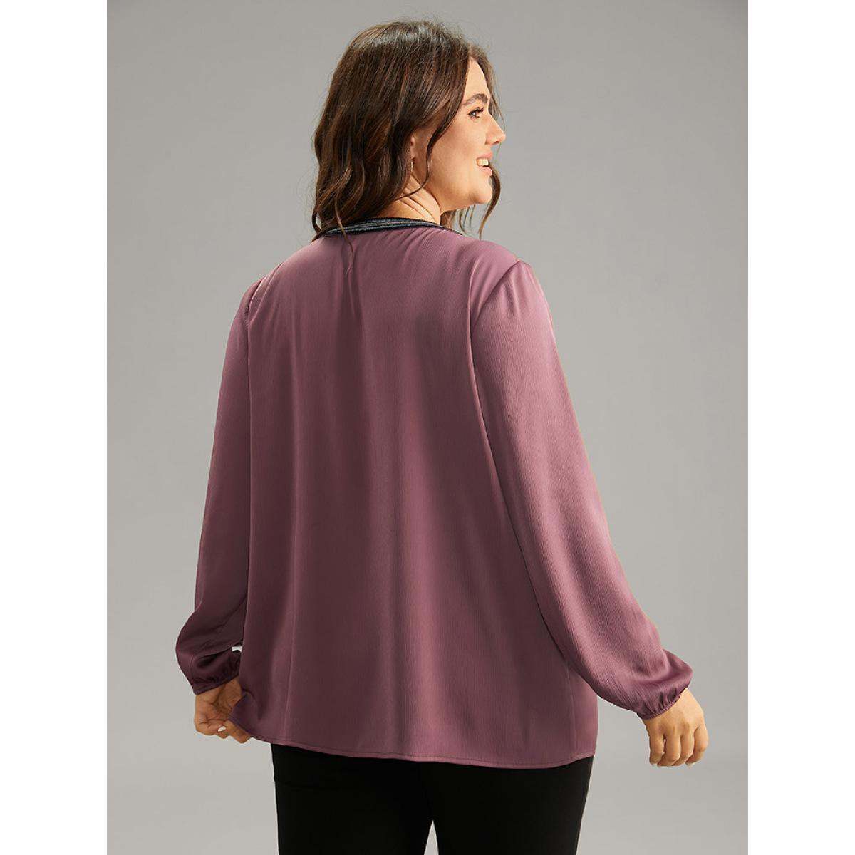 Plus Size DustyPink Static-Free Keyhole Pleated Contrast Webbing Blouse Women Office Long Sleeve Keyhole Cut-Out Work Blouses BloomChic 14-16/1X Product Image