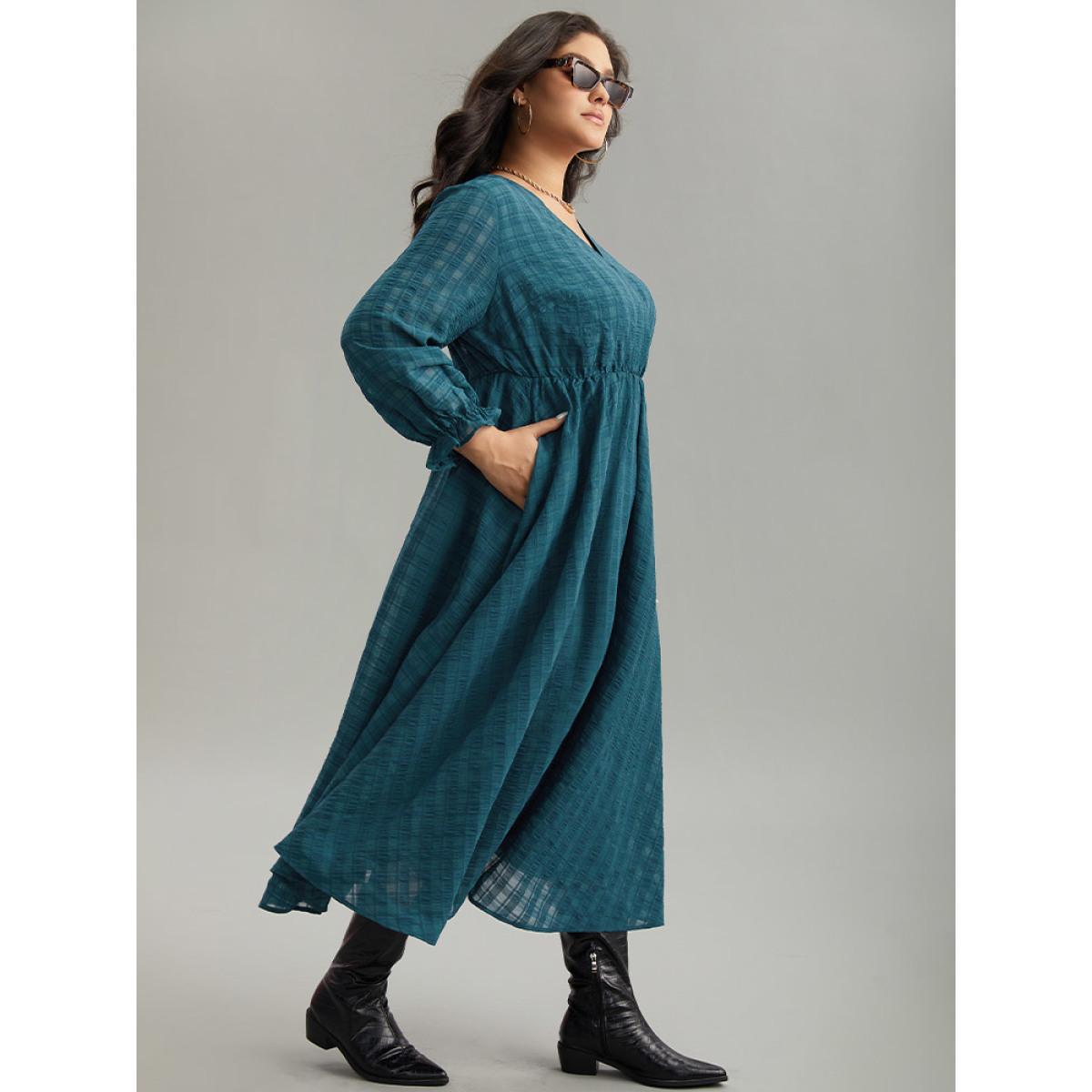 Plus Size Plaid Wrap Elastic Waist Gathered Ruffles Dress Cyan Women Casual Plain V-neck Long Sleeve Curvy Midi Dress BloomChic 30/6X Product Image