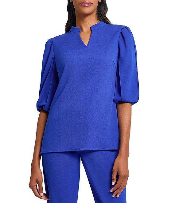 Ming Wang Stretch Crepe Split V-Neck Elbow Puff Sleeve Blouse Product Image