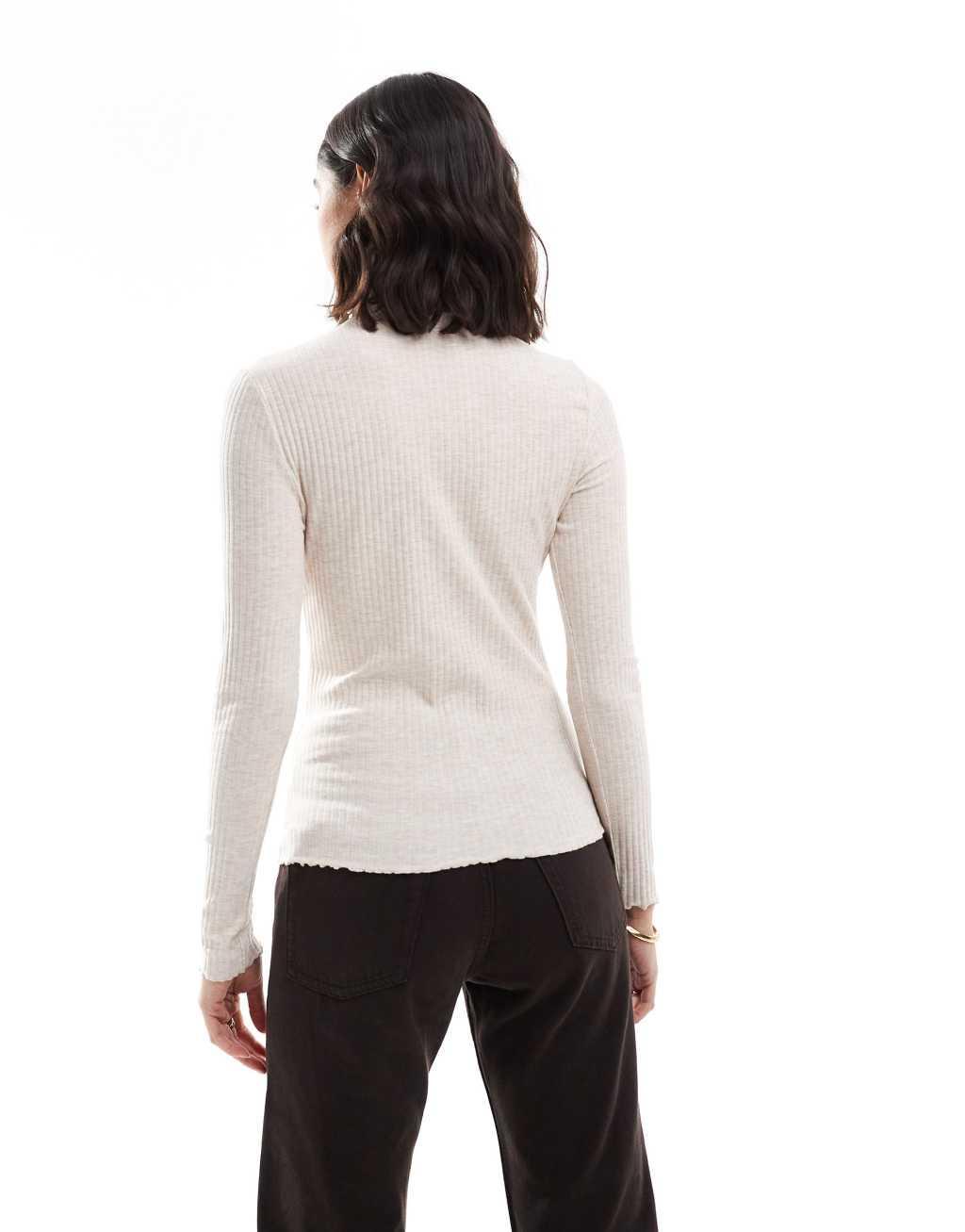 Only lettuce edge high neck ribbed top in beige  Product Image