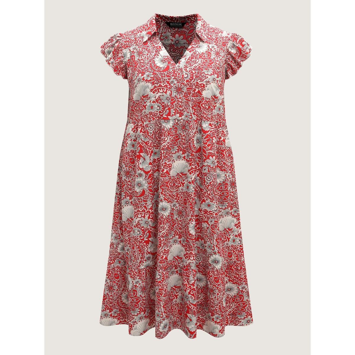 Plus Size Paisley Print Collar Flutter Sleeve Midi Dress Raspberry Women Notched collar Cap Sleeve Curvy BloomChic 28/5X Product Image