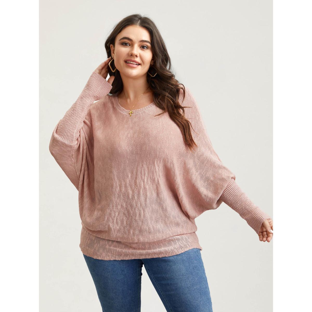 Plus Size Heather Textured Dolman Sleeve Ribbed Pullover Salmon Women Casual Loose Long Sleeve Round Neck Everyday Pullovers BloomChic 26/4X Product Image