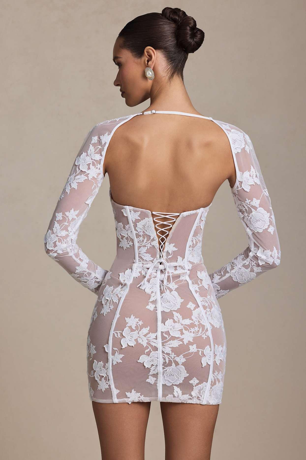 Lace-Detail Corset Mini Dress in White Product Image