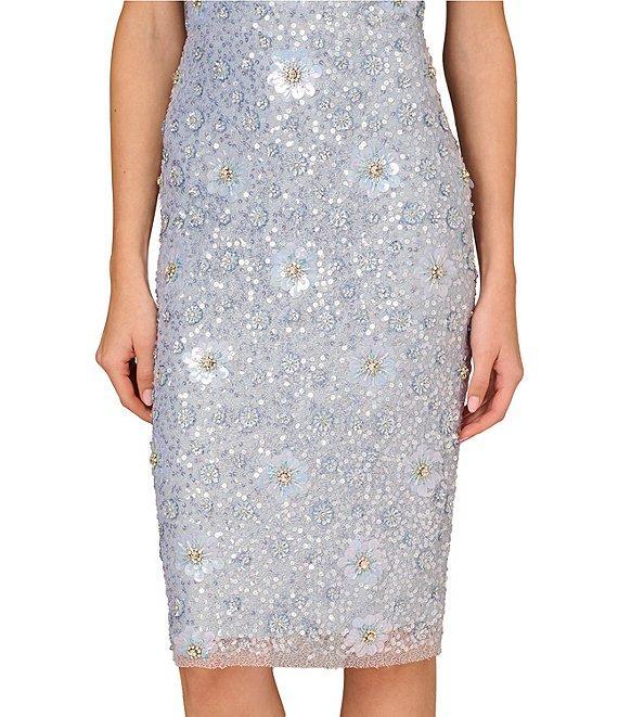 Aidan Mattox Beaded Mesh Plunge V-Neck Sleeveless Cocktail Sheath Dress Product Image