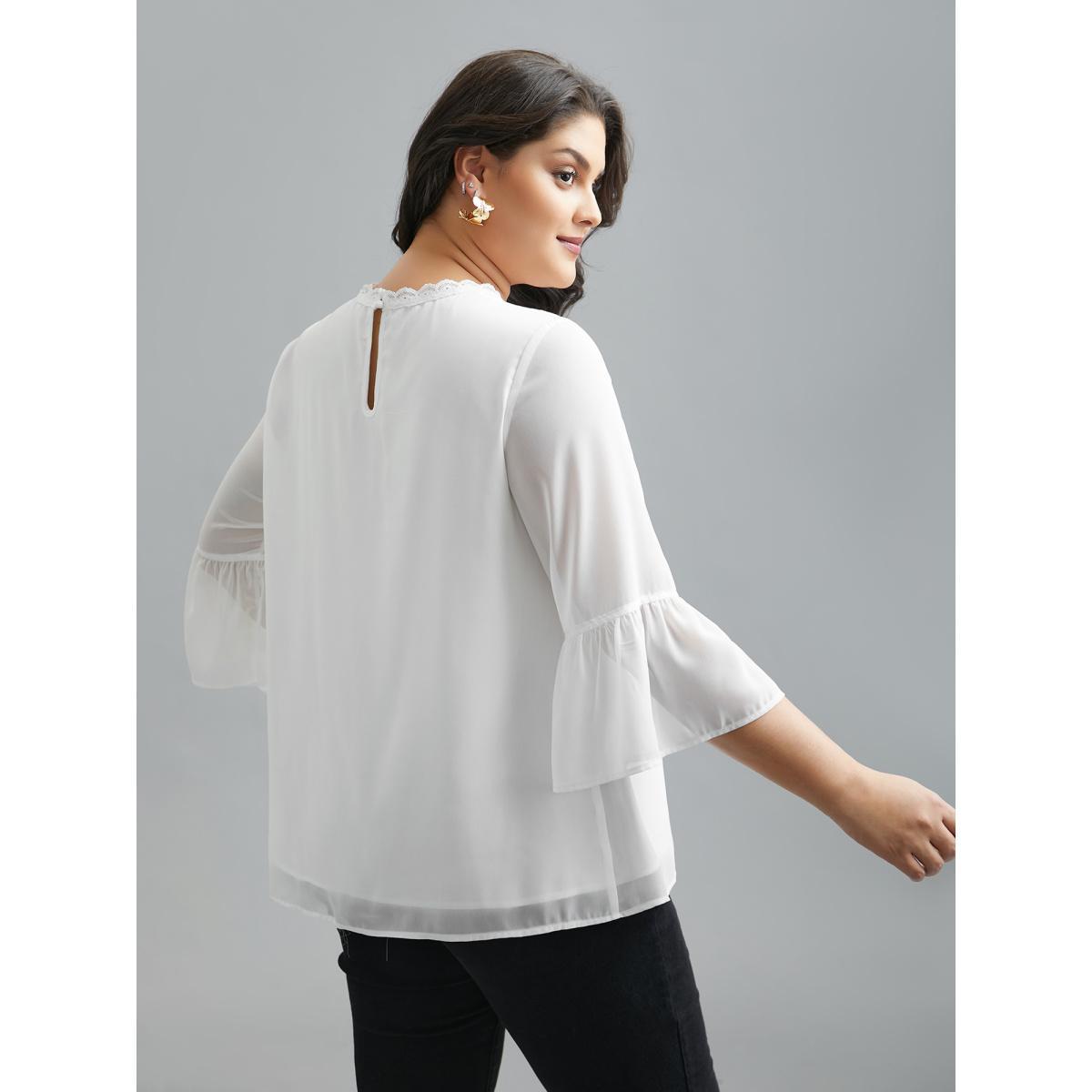 Plus Size Opticwhite Dreamy Lace Neck Flared Sleeve Chiffon Blouse Women Elegant Elbow-length sleeve Stand-up collar Everyday Blouses BloomChic 28/5X Product Image