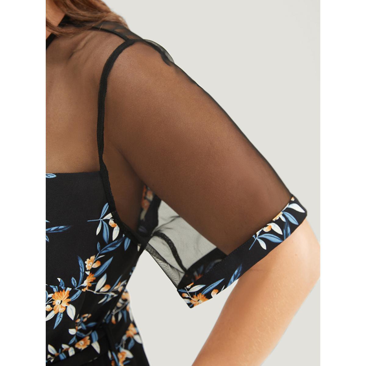 Plus Size Black Floral Mesh Patchwork Crew Neck Pocket Belted Jumpsuit Women Elegant Short sleeve Round Neck Dailywear Loose Jumpsuits BloomChic 14-16/1X Product Image