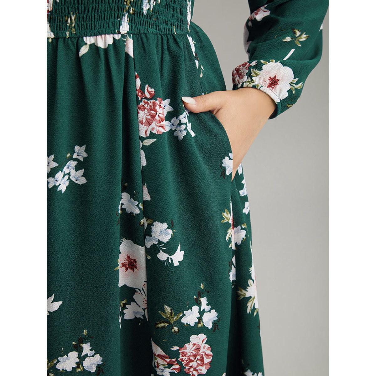 Plus Size Floral Print Split Hem Pocket Shirred Dress DarkGreen Women Elegant Elastic cuffs Square Neck Long Sleeve Curvy Midi Dress BloomChic 28/5X Product Image