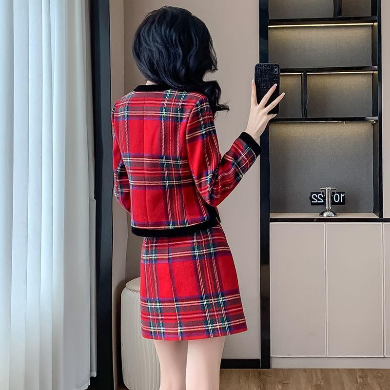 Set: Plaid Button-Up Jacket + High Rise Mini A-Line Skirt Product Image
