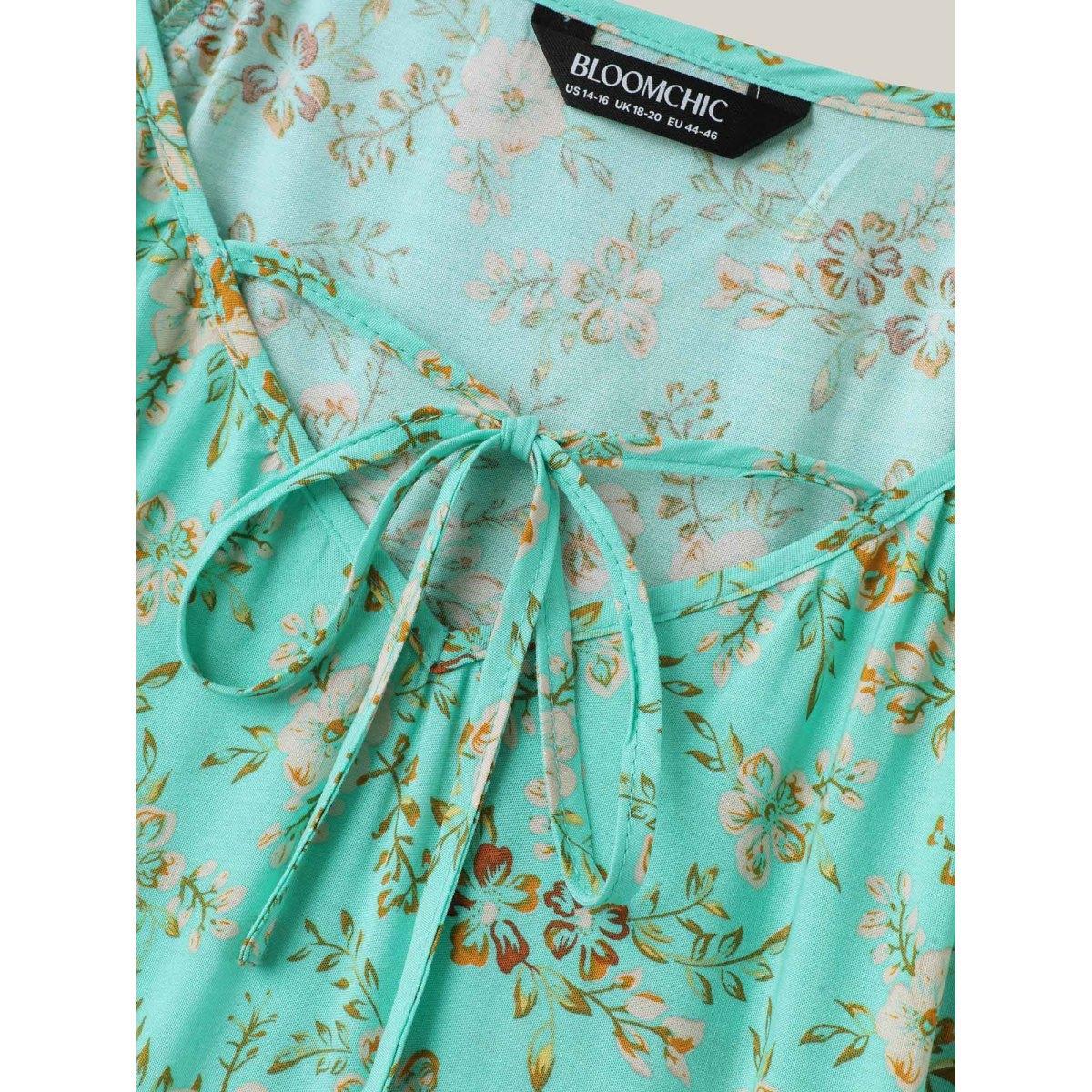 Plus Size Malachitegreen Boho Print Neck Ties Relaxed Fit Shirt Women Resort Elbow-length sleeve V-neck Vacation Blouses BloomChic 30/6X Product Image