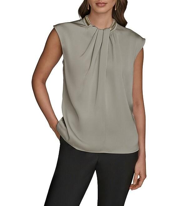 Donna Karan Satin Back Crepe Hardware Twist Neck Cap Sleeve Blouse Product Image