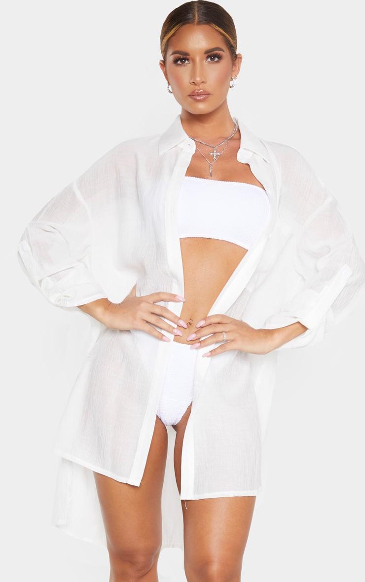 Ecru Oversized Textured Woven Beach Shirt Dress Product Image