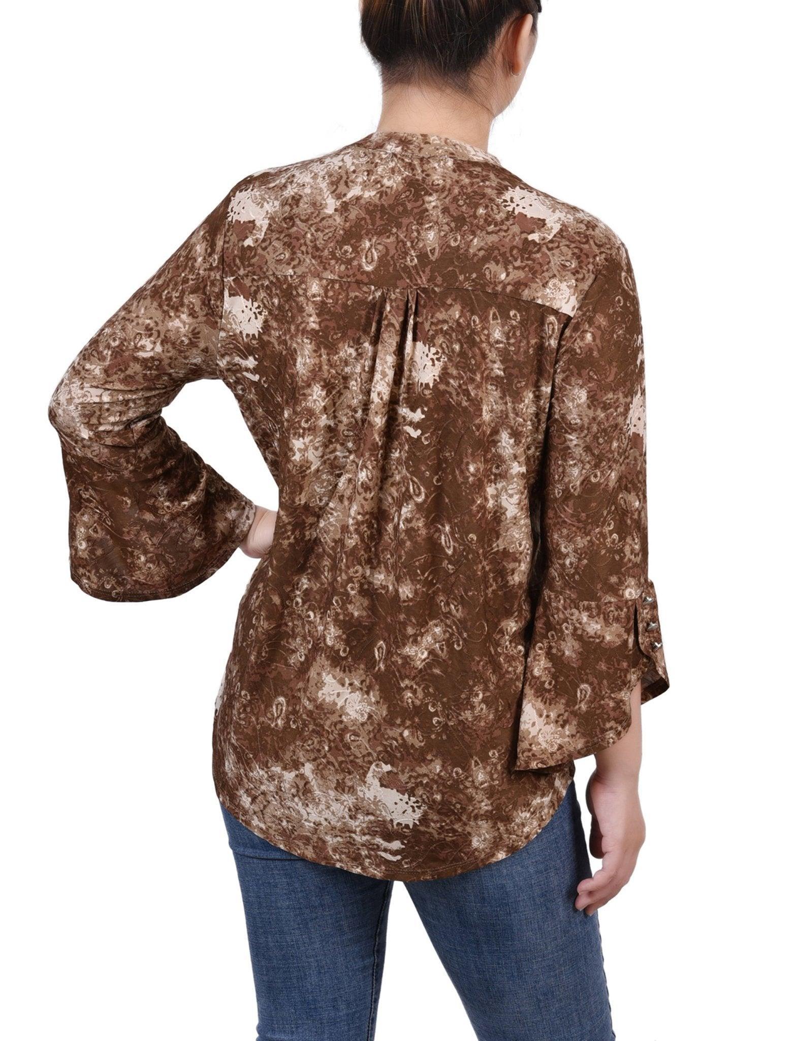 Taupe Geobreeze 3/4 Sleeve Overlapped Bell Sleeve Y Neck Top - Petite Product Image