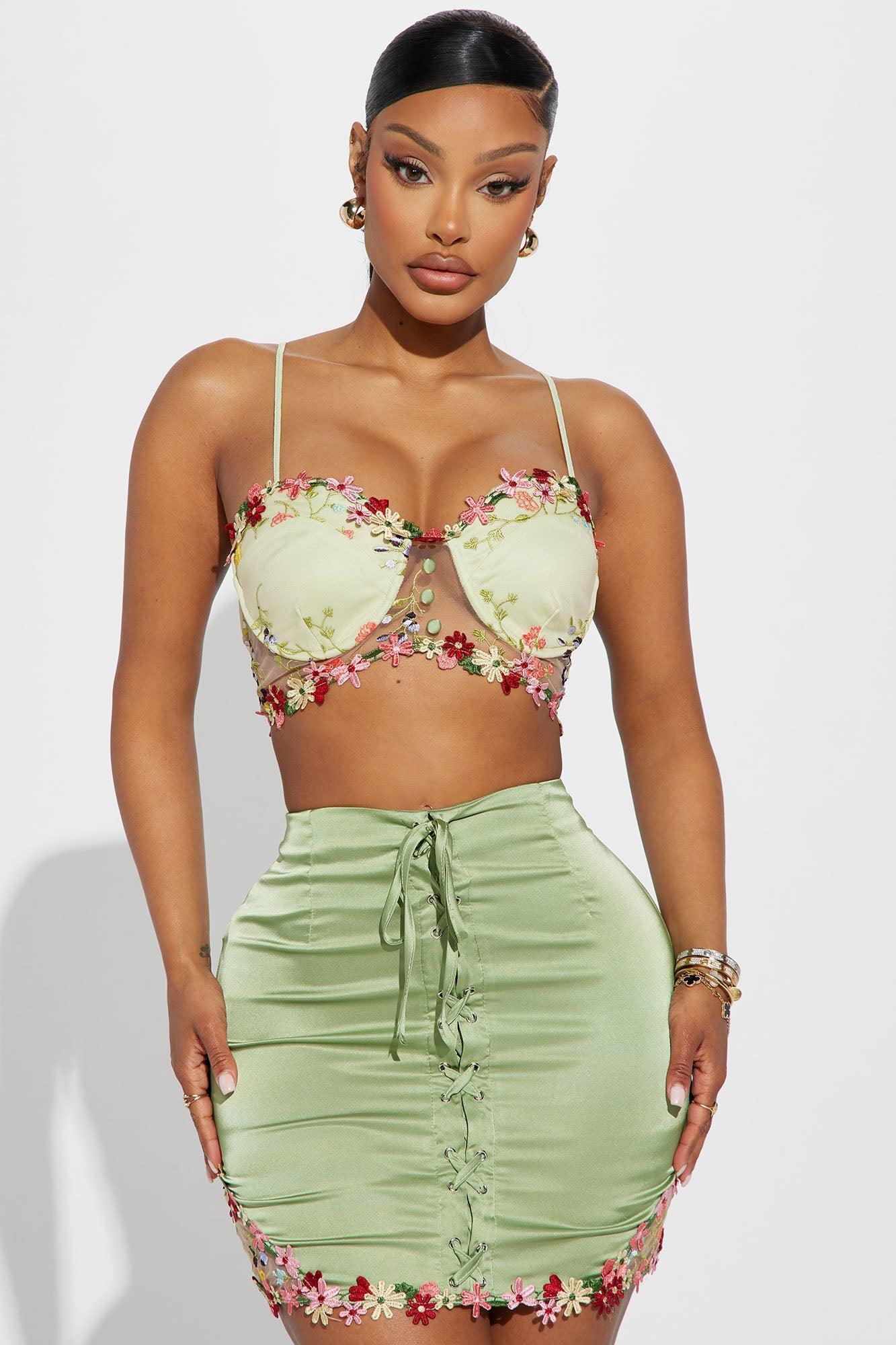 Frenzy Flower Satin Skirt Set - Green Product Image
