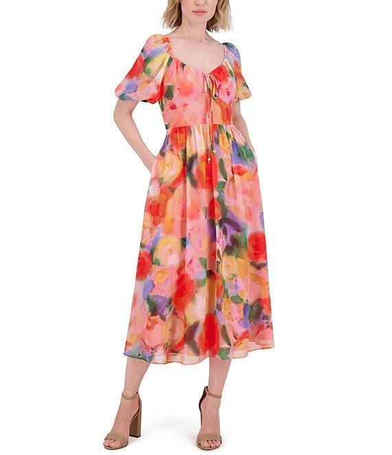 Vince Camuto Chiffon Floral Print V-Neck Short Sleeve A-Line Midi Dress Product Image