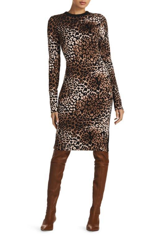 ST JOHN Leopard Jacquard Side-stripe Long-sleeve Dress In Camel Black Multi Product Image