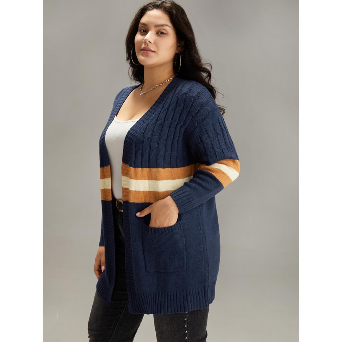 Plus Size Cable Knit Colorblock Contrast Open Front Cardigan Multicolor Women Casual Loose Long Sleeve Dailywear Cardigans BloomChic 10/M Product Image